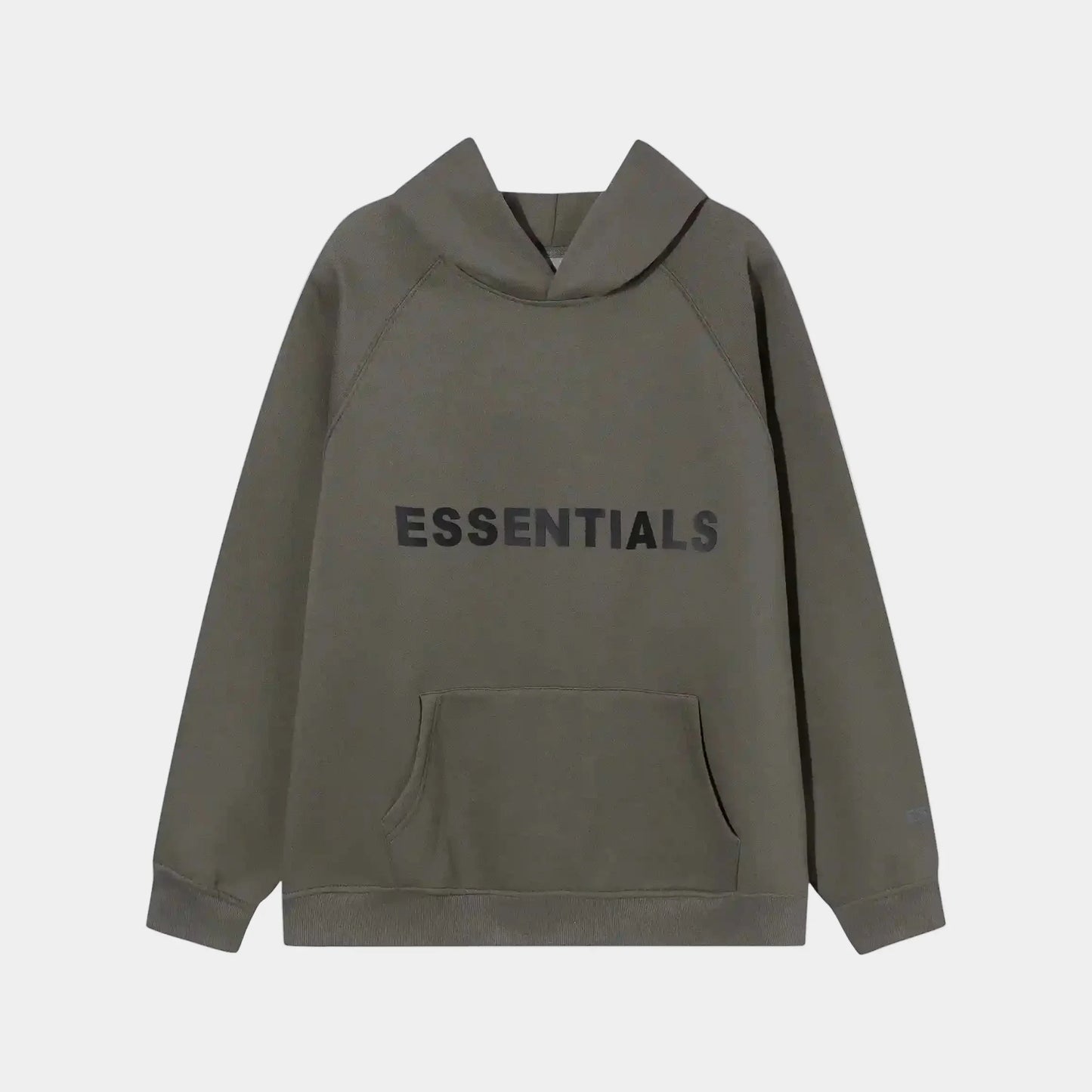 Fear of God Essentials carbon grey hoodie front view with rubberized black bar branding