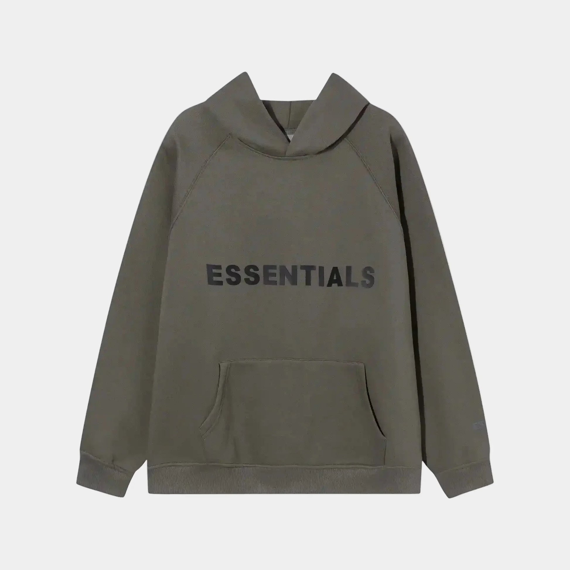 Fear of God Essentials carbon grey hoodie front view with rubberized black bar branding