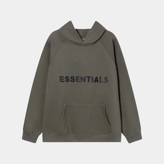 Fear of God Essentials carbon grey hoodie front view with rubberized black bar branding