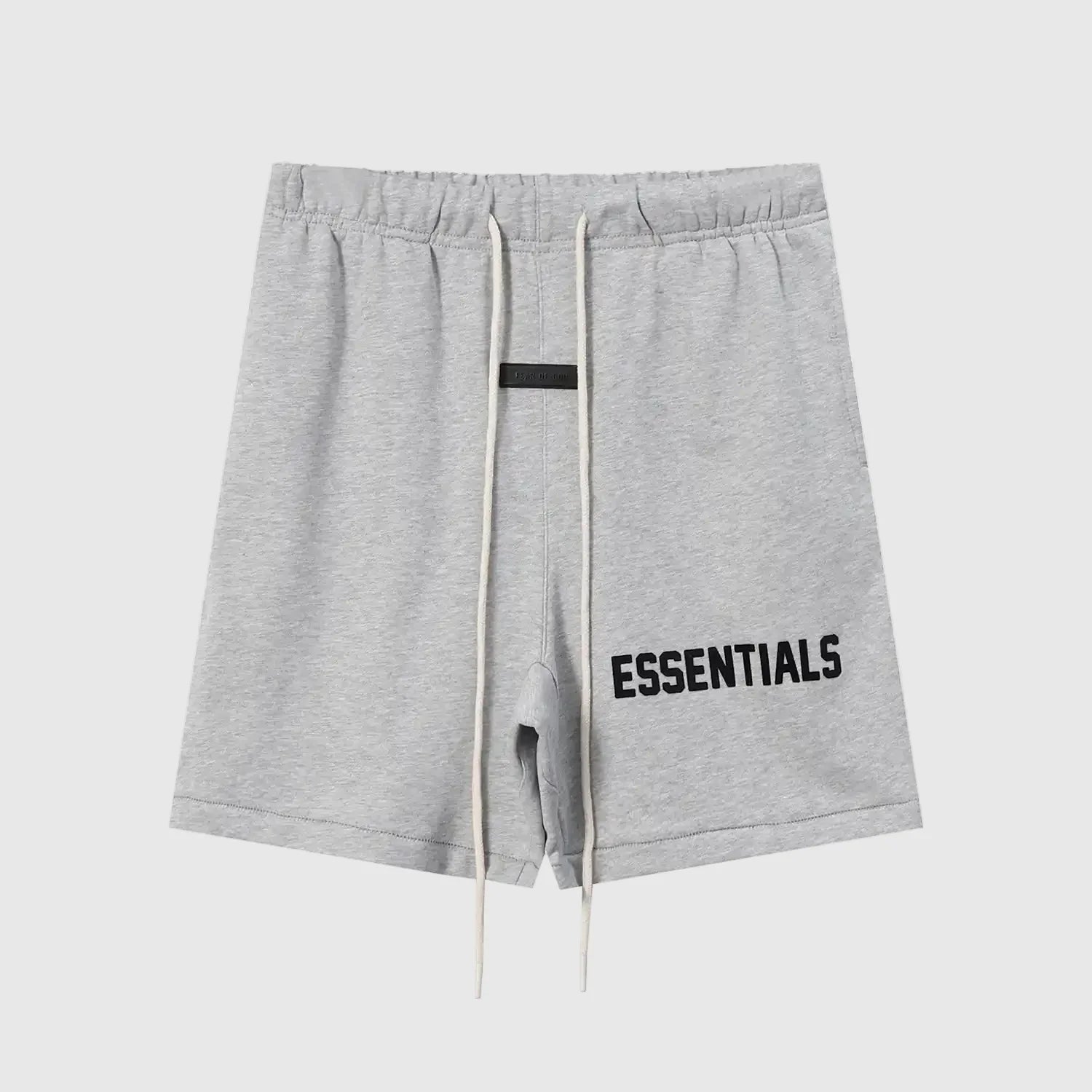 Fear of God Essentials dark heather oatmeal fleece shorts with tonal branding and streetwear fit