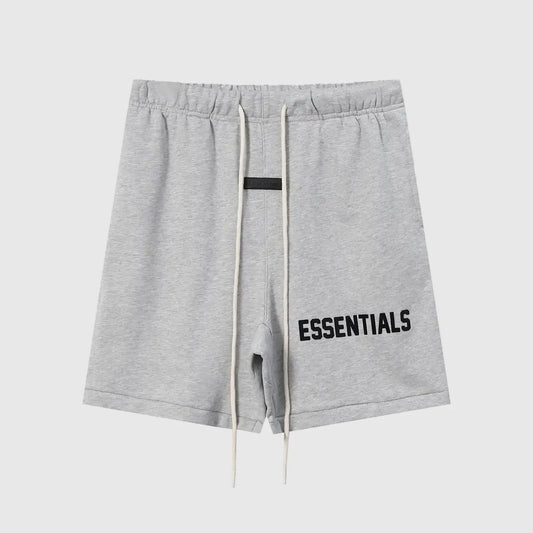 Fear of God Essentials dark heather oatmeal fleece shorts with tonal branding and streetwear fit