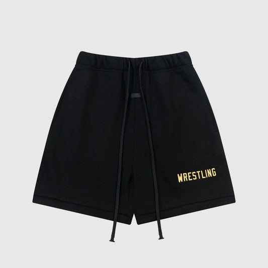 Fear of God Essentials black fleece shorts with tonal branding and long drawcords