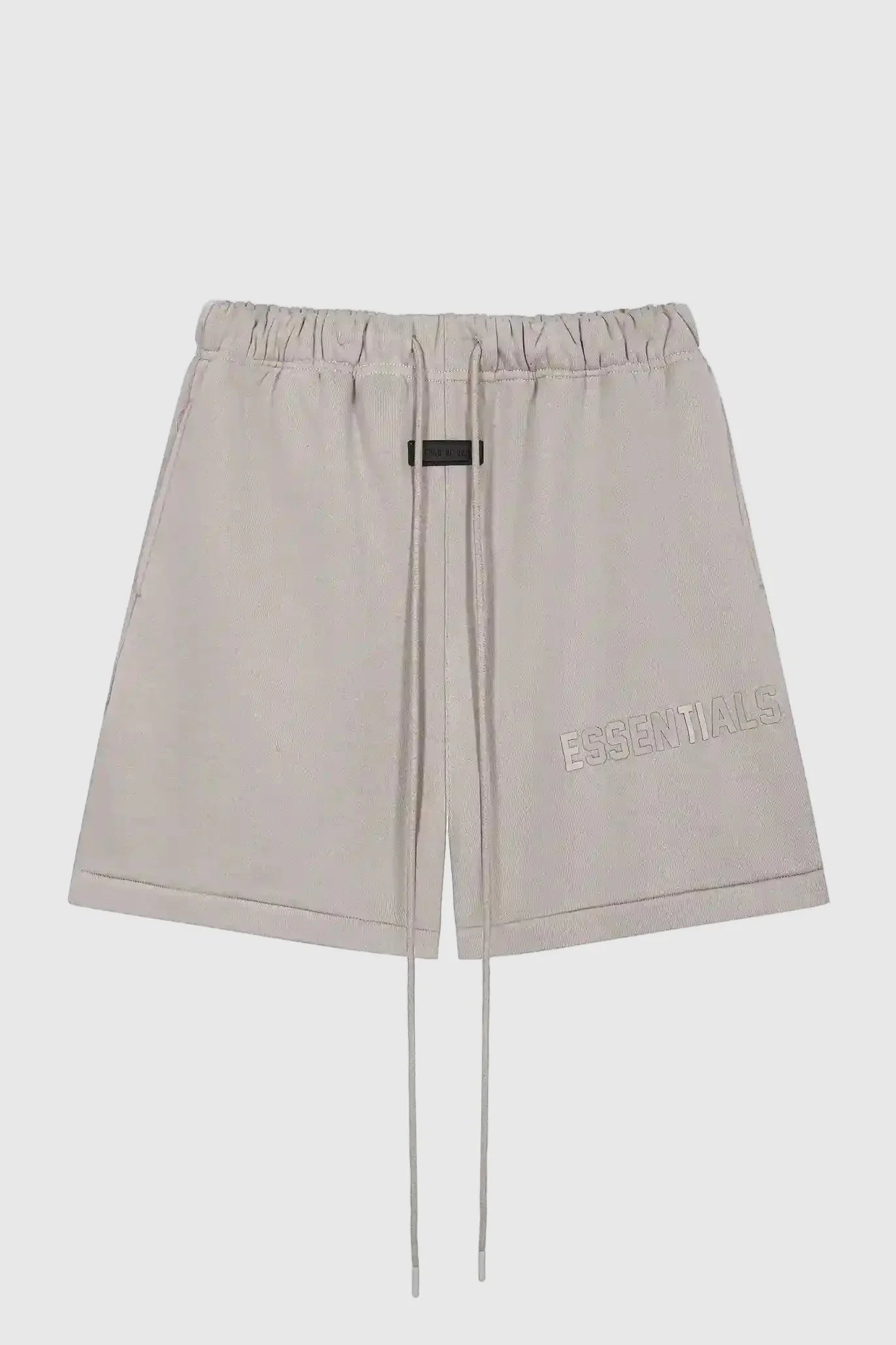Fear of God Essentials dark heather oatmeal fleece shorts with tonal branding and relaxed streetwear fit