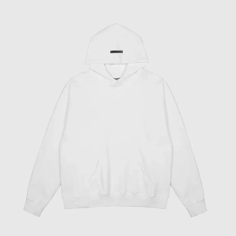 Fear of God Essentials white hoodie front view relaxed fit streetwear