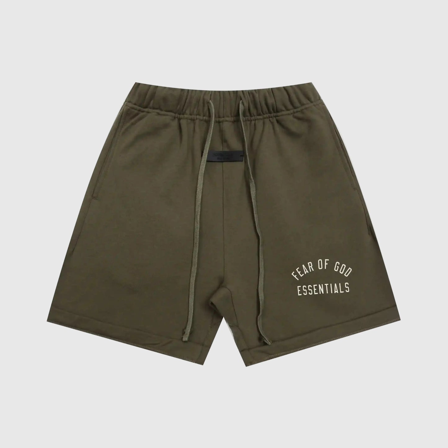 Fear of God Essentials Hemlock green fleece shorts with tonal branding and drawstring waistband