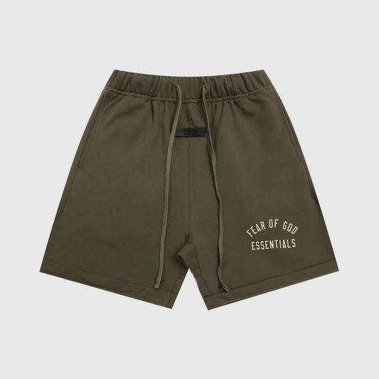 Fear of God Essentials Hemlock green fleece shorts with tonal branding and drawstring waistband