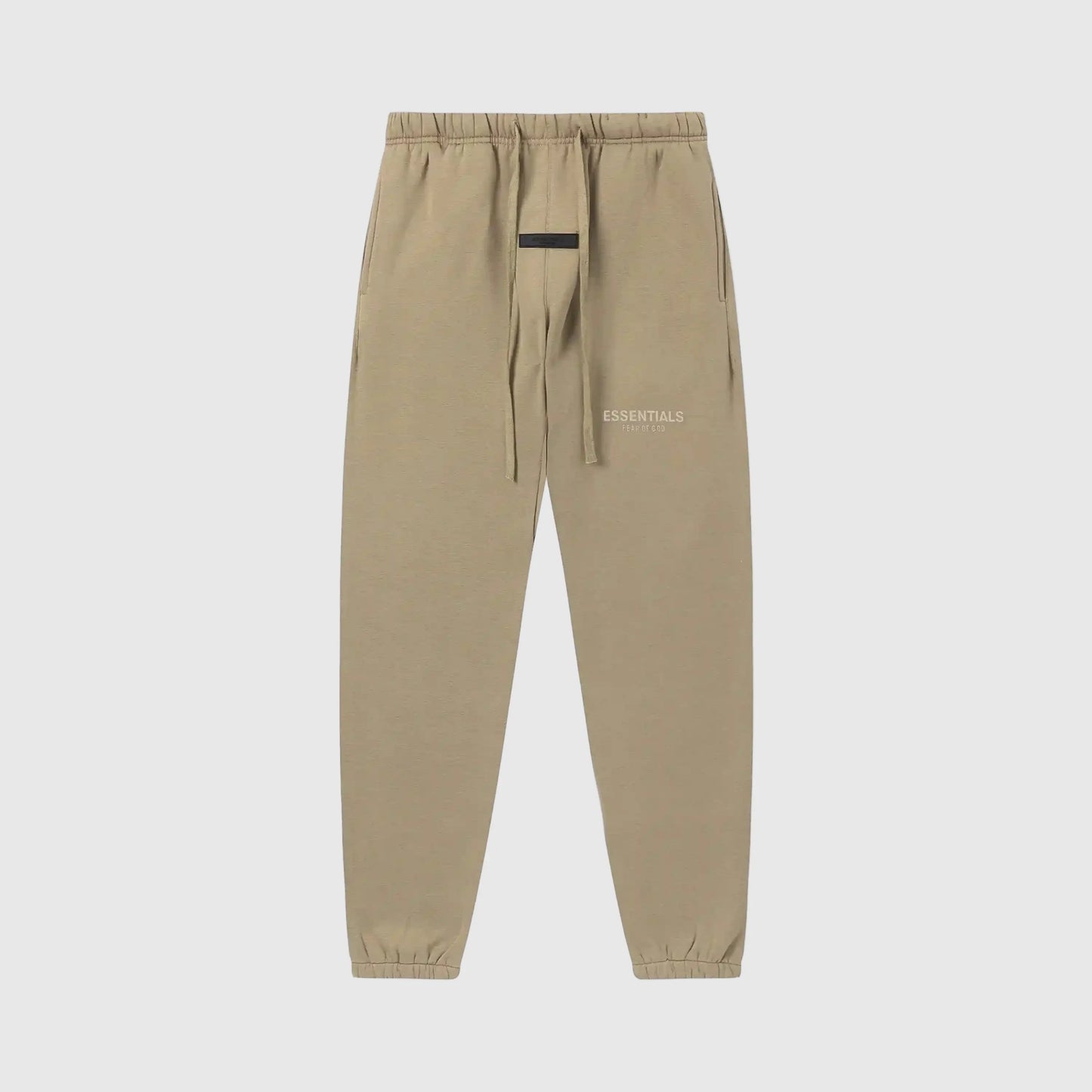Essentials beige core fleece sweatpants front view by Fear Of God