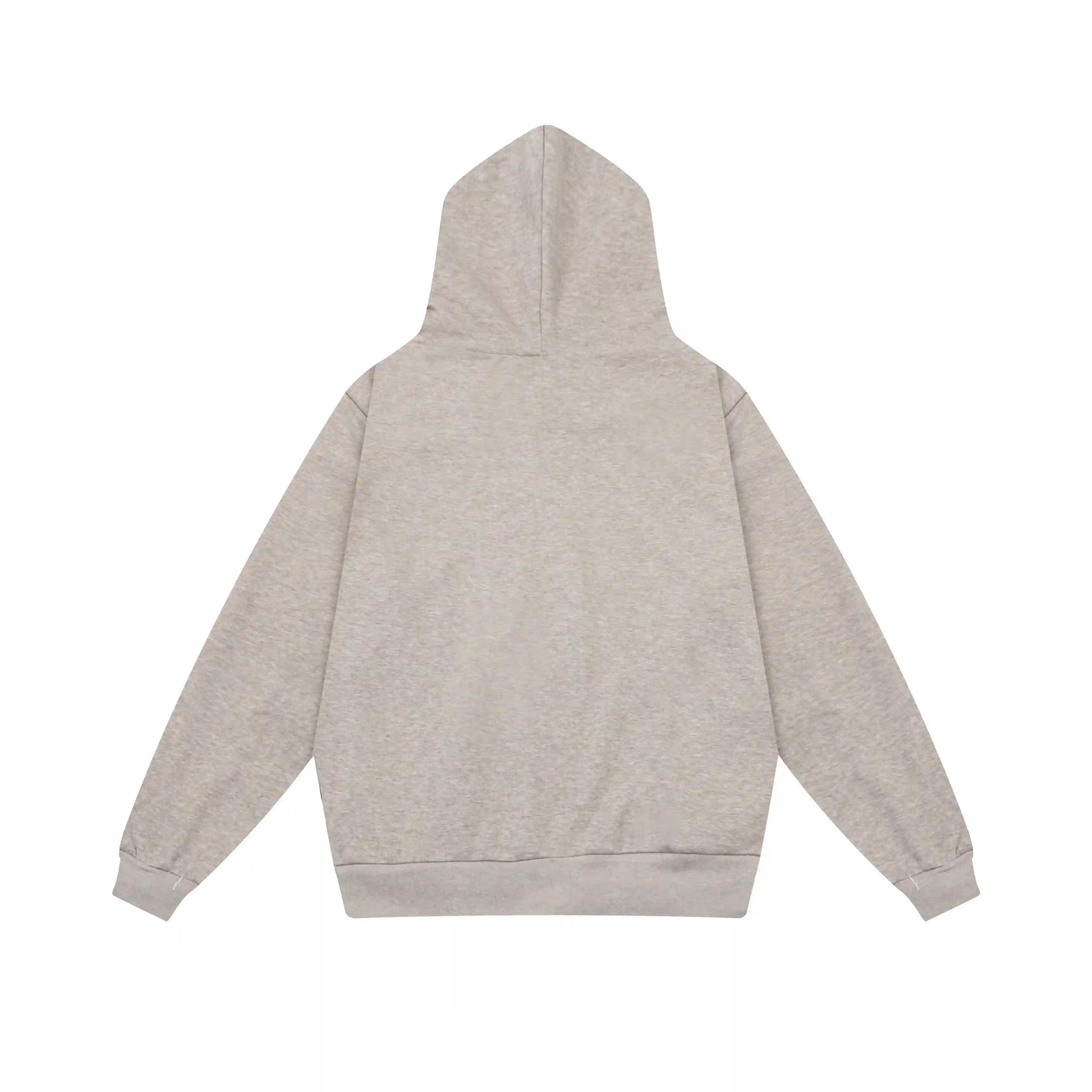 Fear of God Essentials heathered grey hoodie front view with rubberized black bar branding