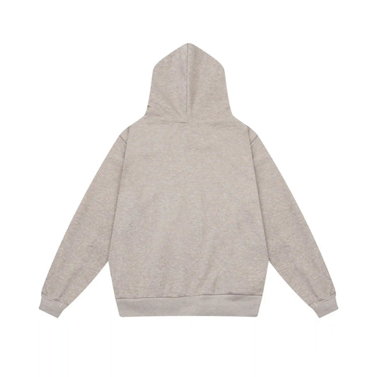 Fear of God Essentials heathered grey hoodie front view with rubberized black bar branding