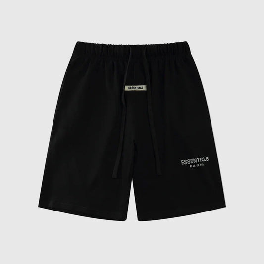 Fear of God Essentials black fleece shorts with tonal logo and relaxed streetwear fit