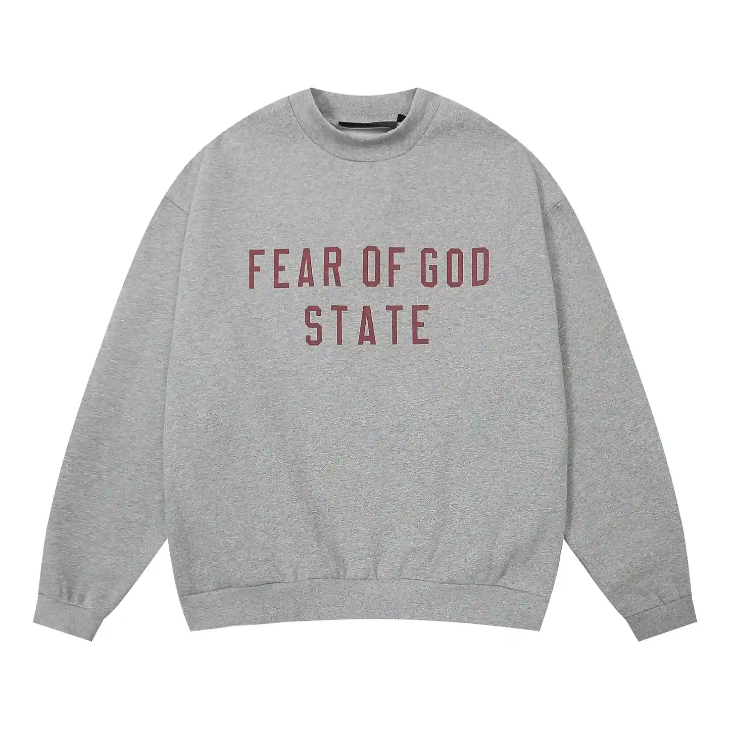 Dark heather oatmeal Essentials crewneck center front rubberized black bar branding detail