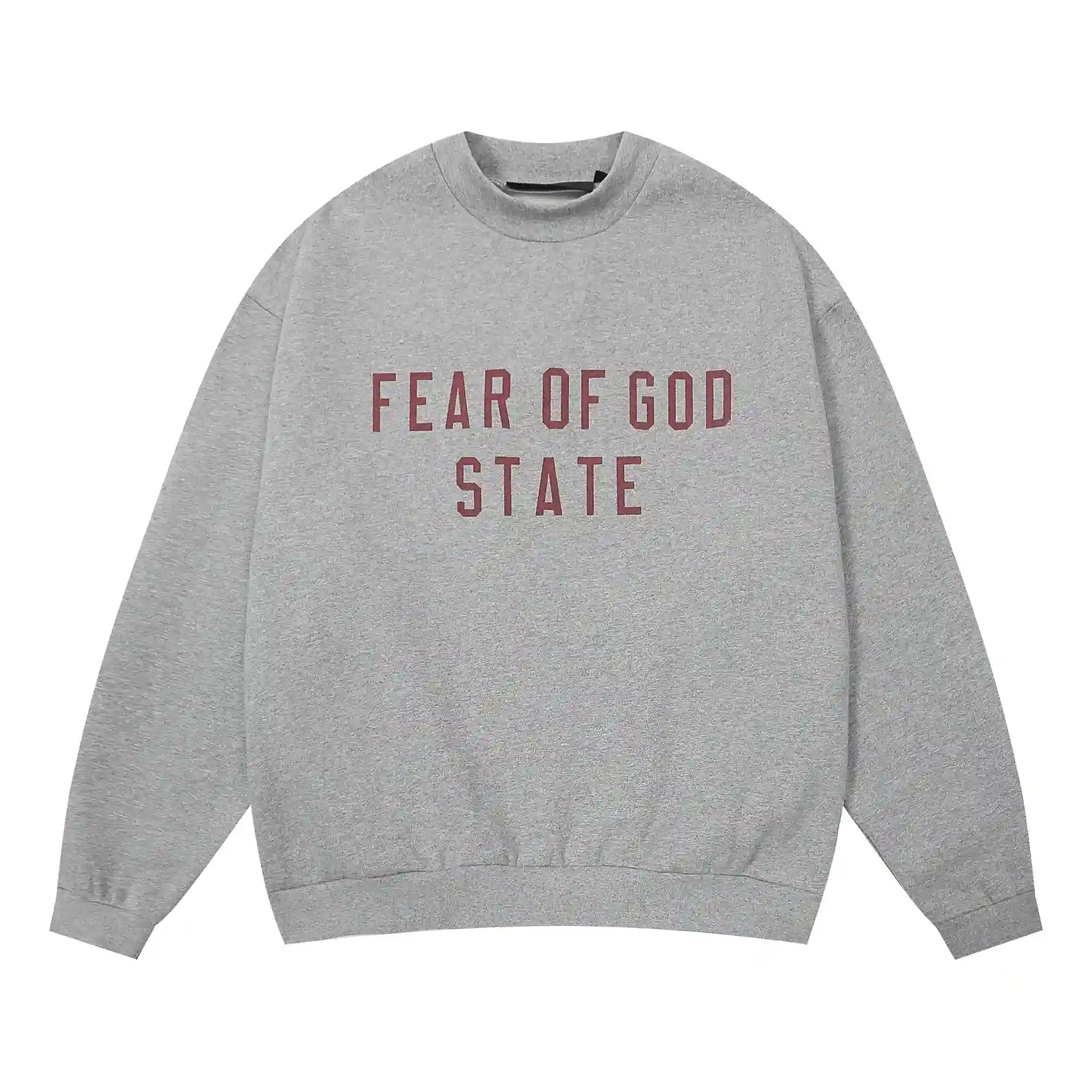 Dark heather oatmeal Essentials crewneck center front rubberized black bar branding detail