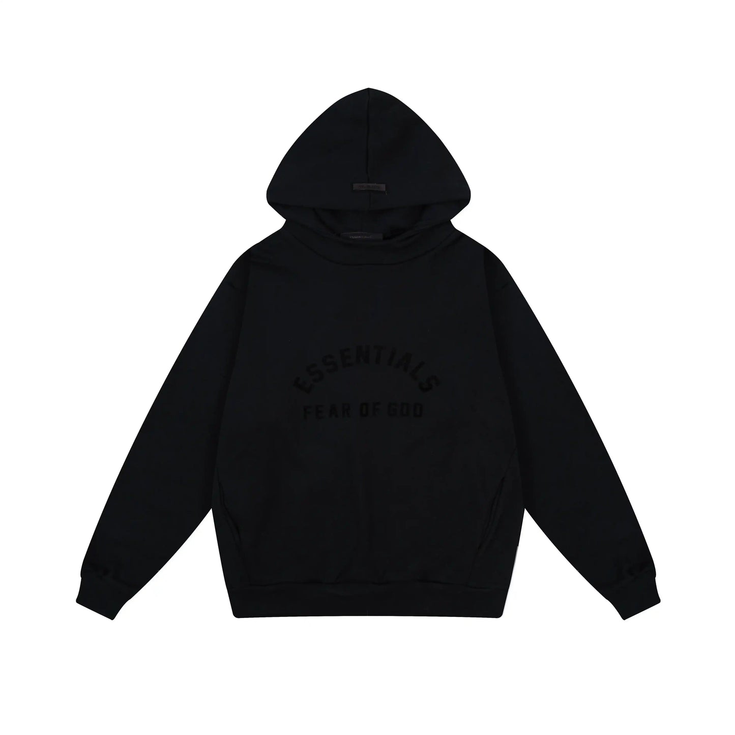 Essentials Black hoodie set branding detail close-up