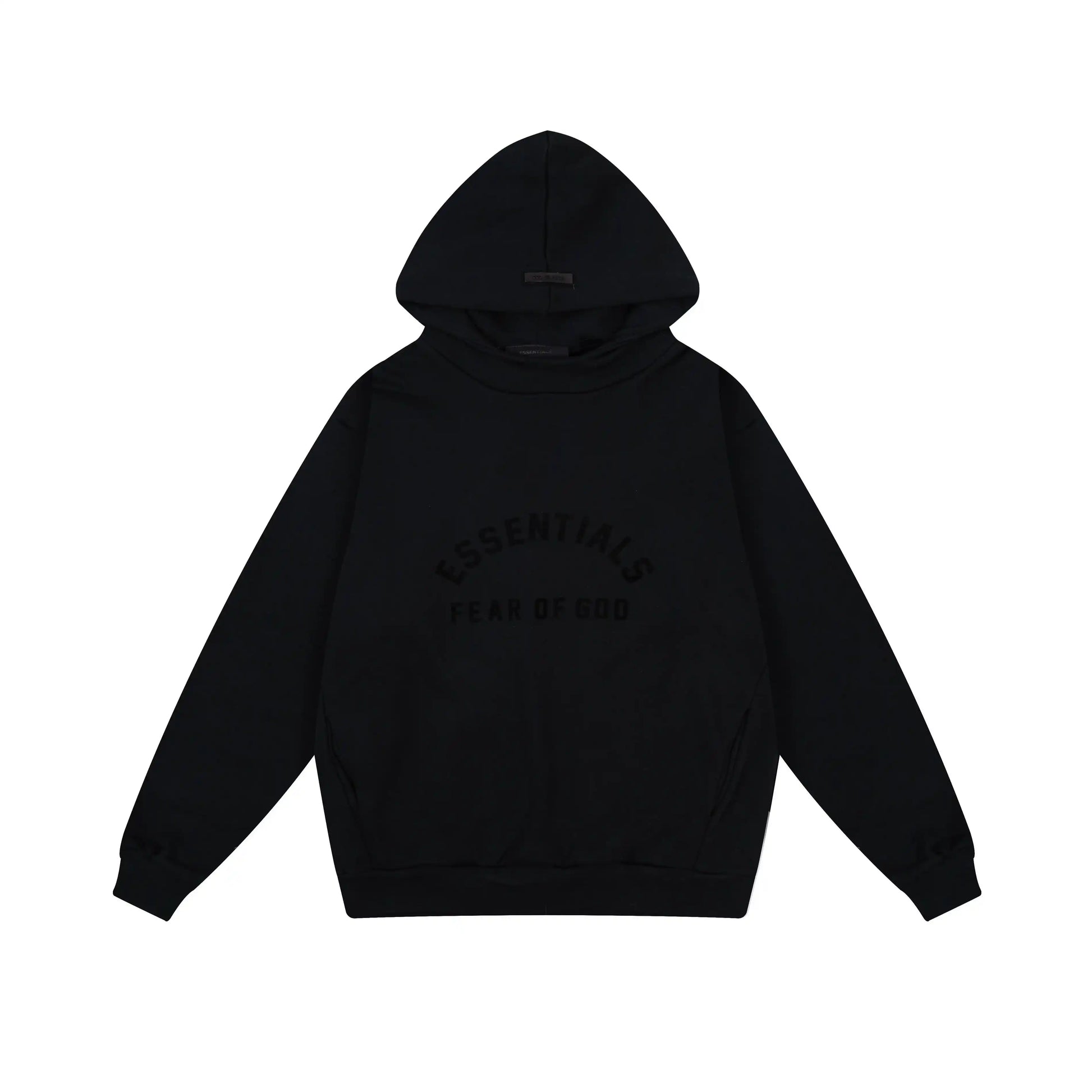 Essentials Black hoodie set branding detail close-up