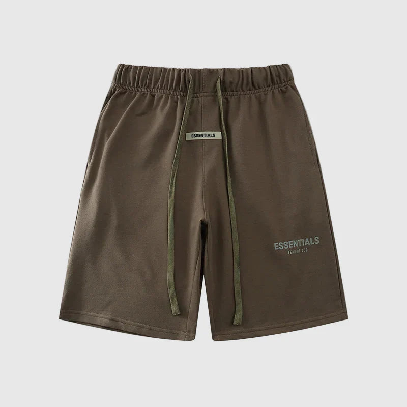 Fear of God Essentials tobacco brown fleece shorts with tonal logo and relaxed silhouette