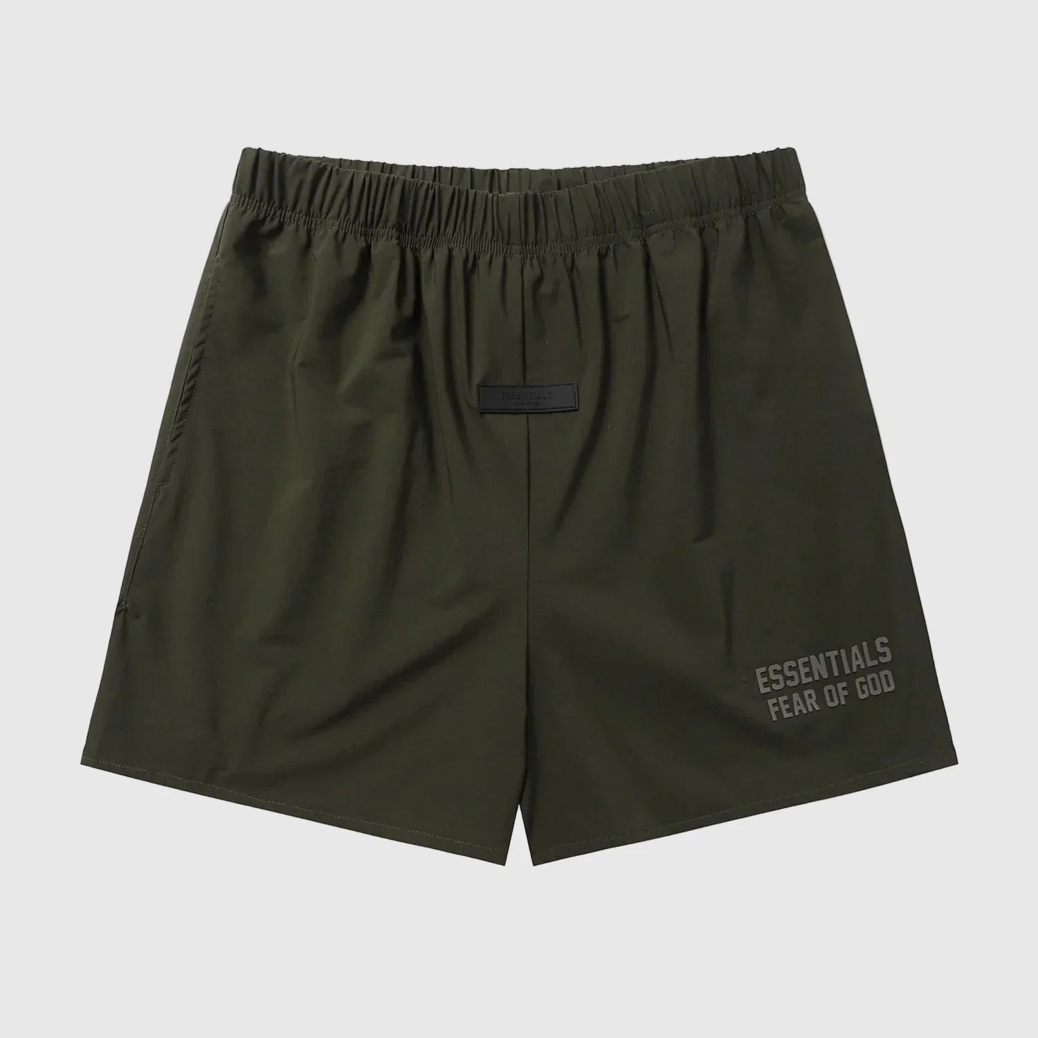 Fear of God Essentials Hemlock green fleece shorts with tonal logo and drawstring waistband