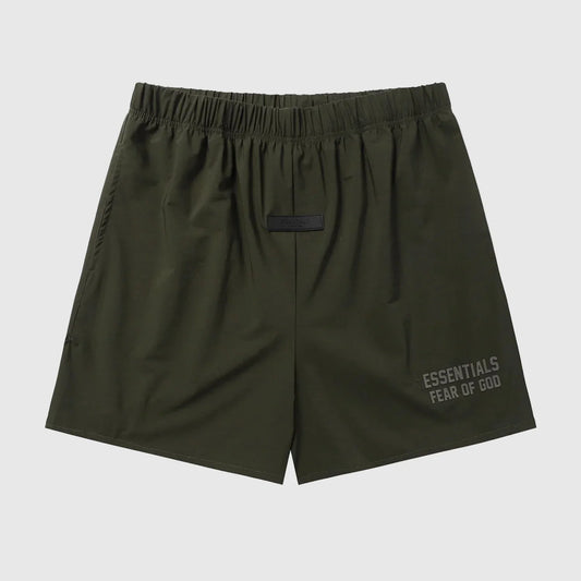 Fear of God Essentials Hemlock green fleece shorts with tonal logo and drawstring waistband