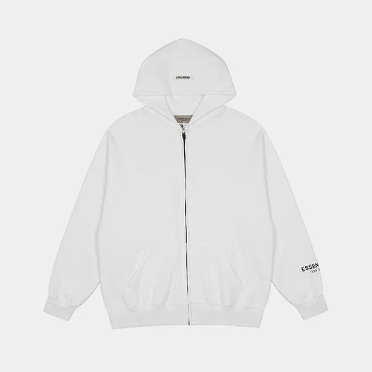 Fear of God Essentials white zip fleece hoodie front view with rubberized Black Bar branding