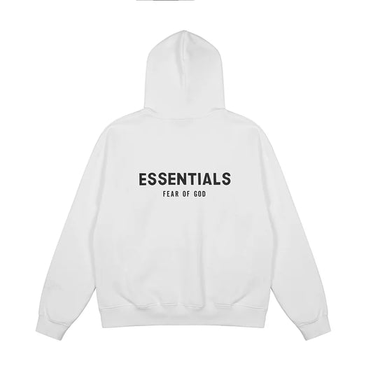 Essentials white hoodie back view slightly cropped silhouette