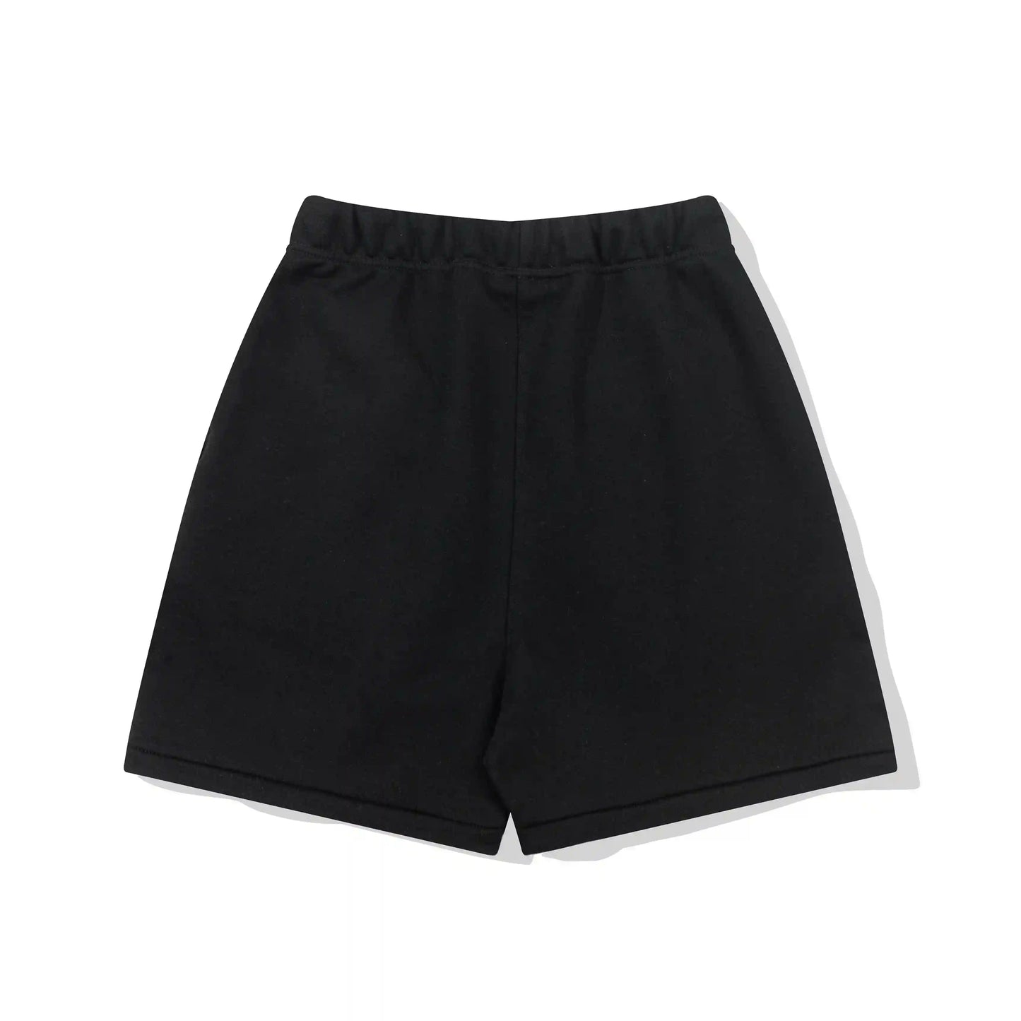 Fear of God Essentials black fleece shorts with tonal branding and long drawcords