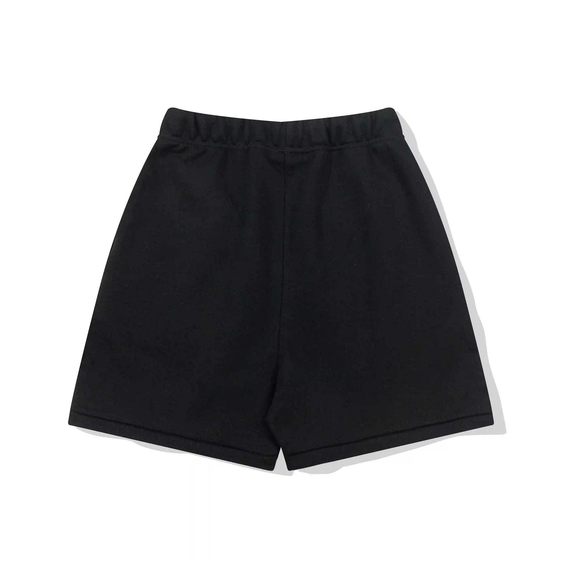Fear of God Essentials black fleece shorts with tonal branding and long drawcords