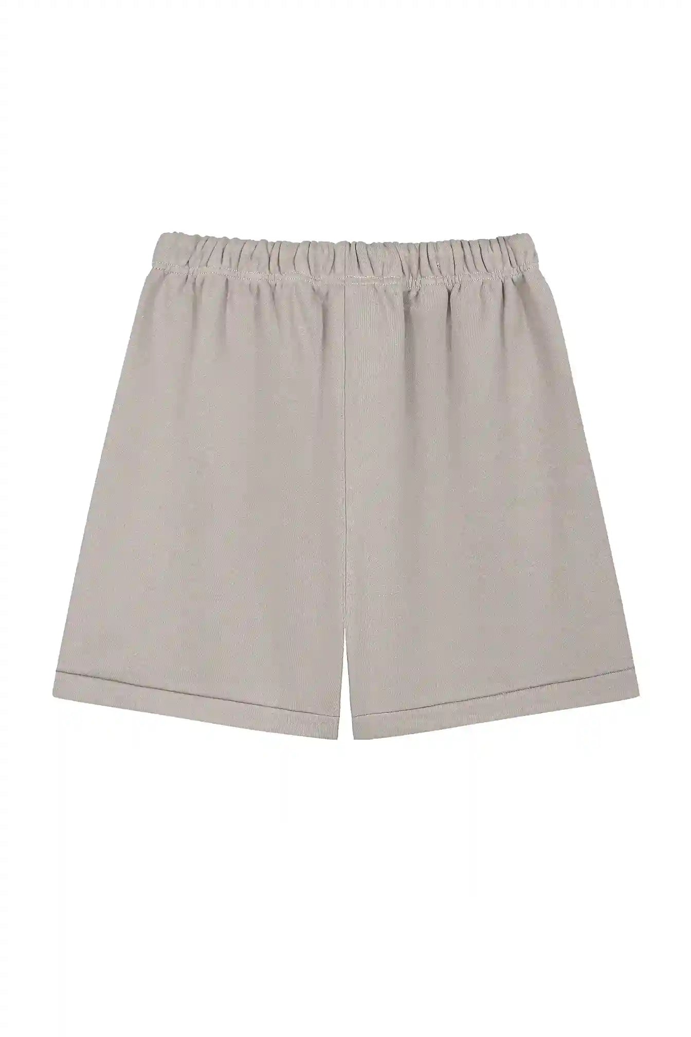 Fear of God Essentials dark heather oatmeal fleece shorts with tonal branding and relaxed streetwear fit