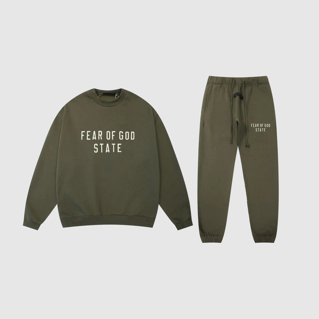 Essentials Clothing Green sweatshirt and jogger pants set with 'Essentials Fear of God State' 