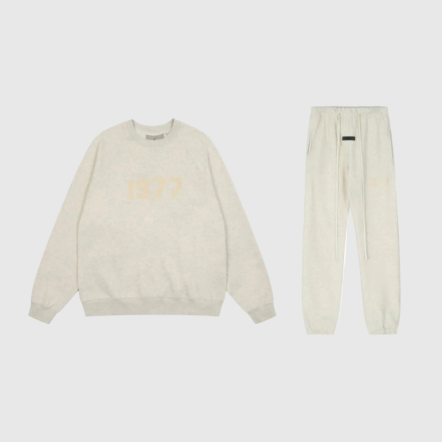 Fear of God Essentials cloud dance tracksuit front view crewneck and joggers