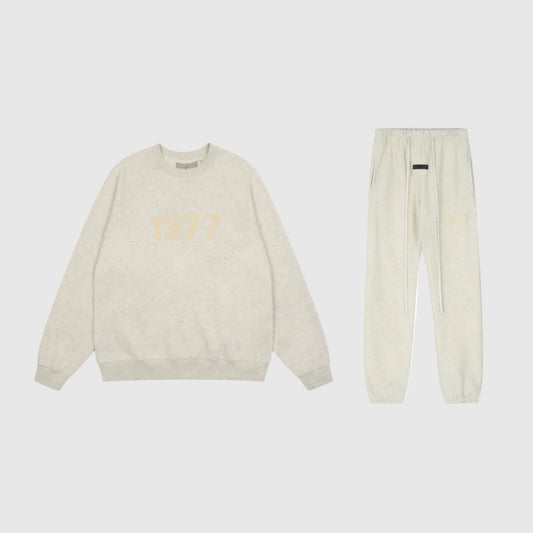 Fear of God Essentials cloud dance tracksuit front view crewneck and joggers