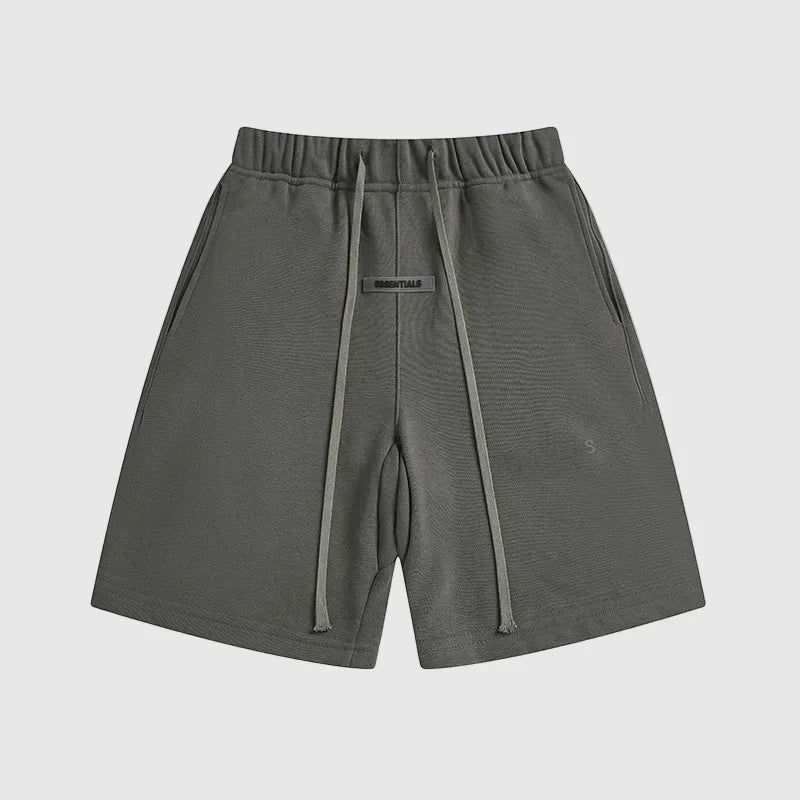 Fear of God Essentials heather grey fleece shorts with tonal branding and long drawstrings