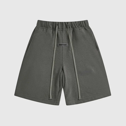 Fear of God Essentials heather grey fleece shorts with tonal branding and long drawstrings