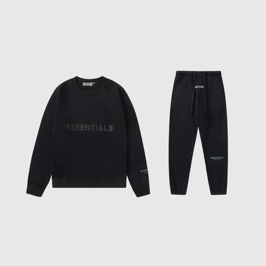 Essentials black elevated comfort fleece tracksuit set with relaxed fit by Fear Of God