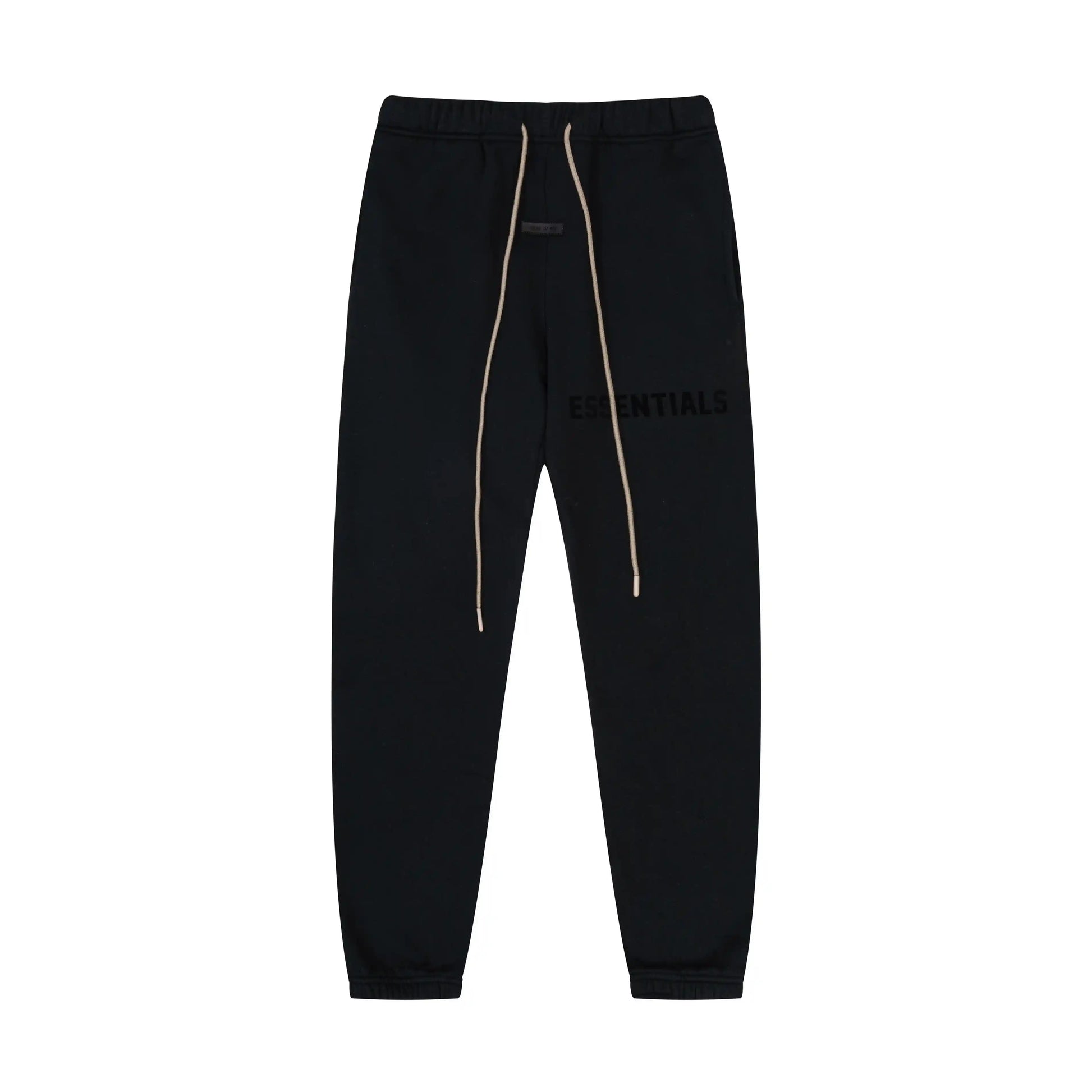 Back view of Essentials black classic comfort fleece tracksuit set by Fear Of God