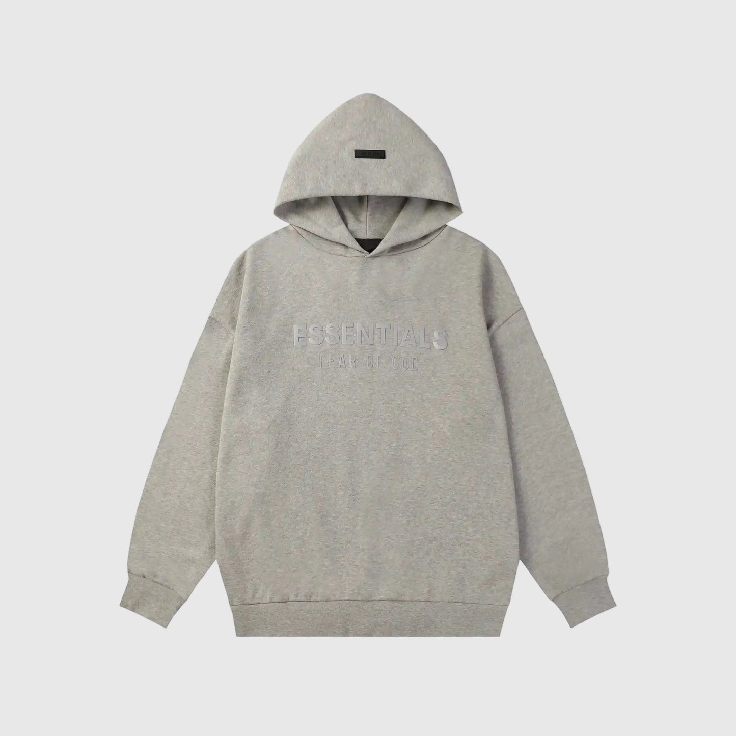 Fear of God Essentials dark heather oatmeal hoodie front view with rubberized black bar branding