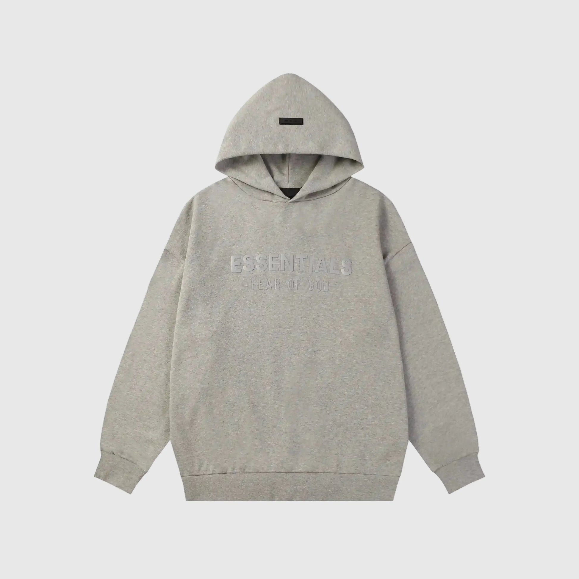 Fear of God Essentials dark heather oatmeal hoodie front view with rubberized black bar branding