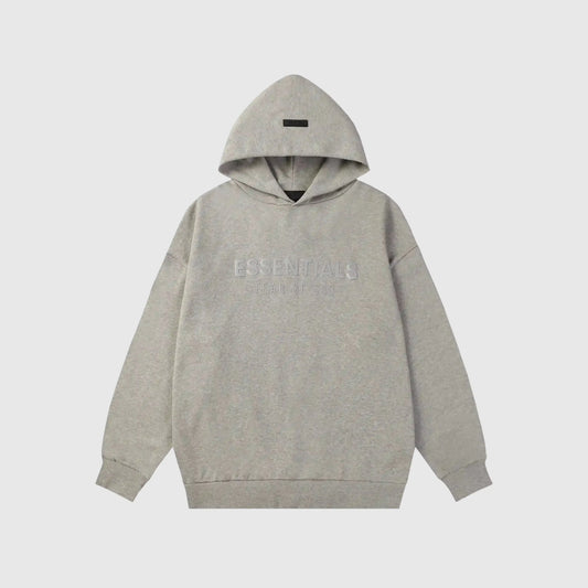 Fear of God Essentials dark heather oatmeal hoodie front view with rubberized black bar branding