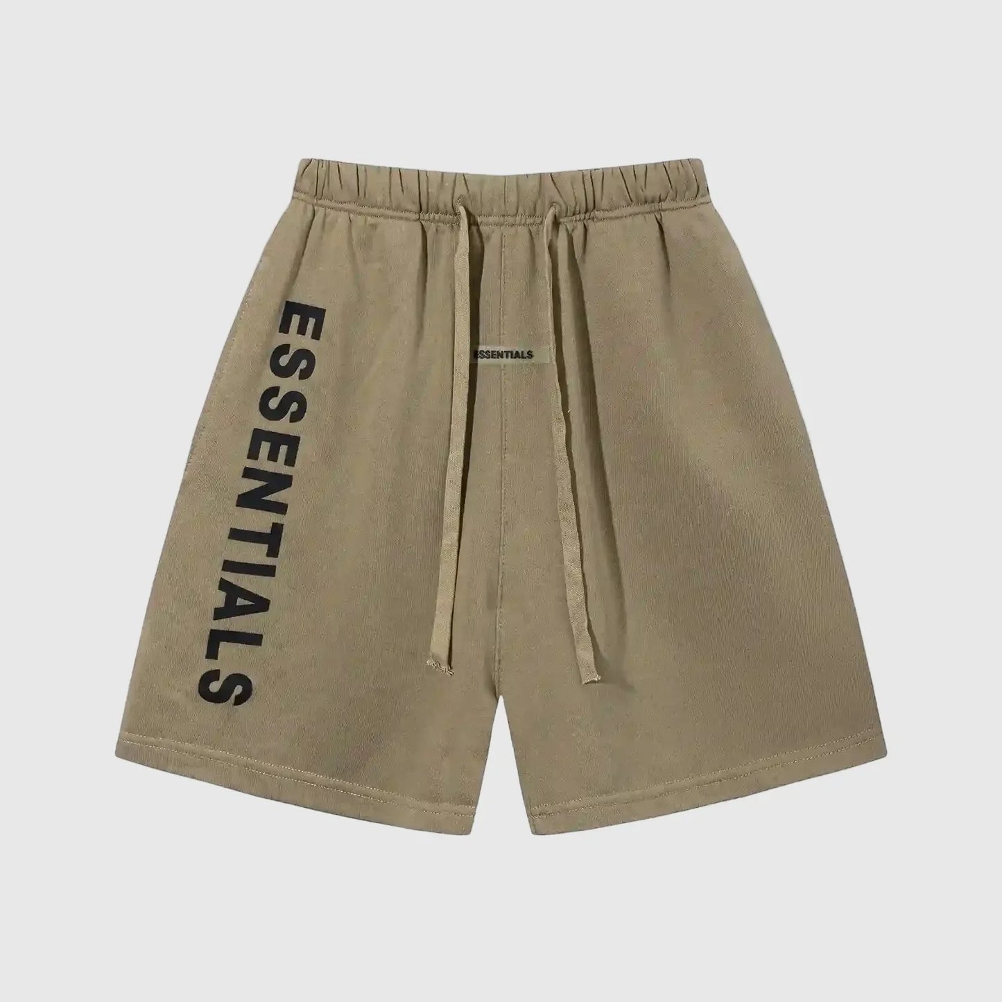 Fear of God Essentials dark beige fleece shorts with tonal branding and long drawcords