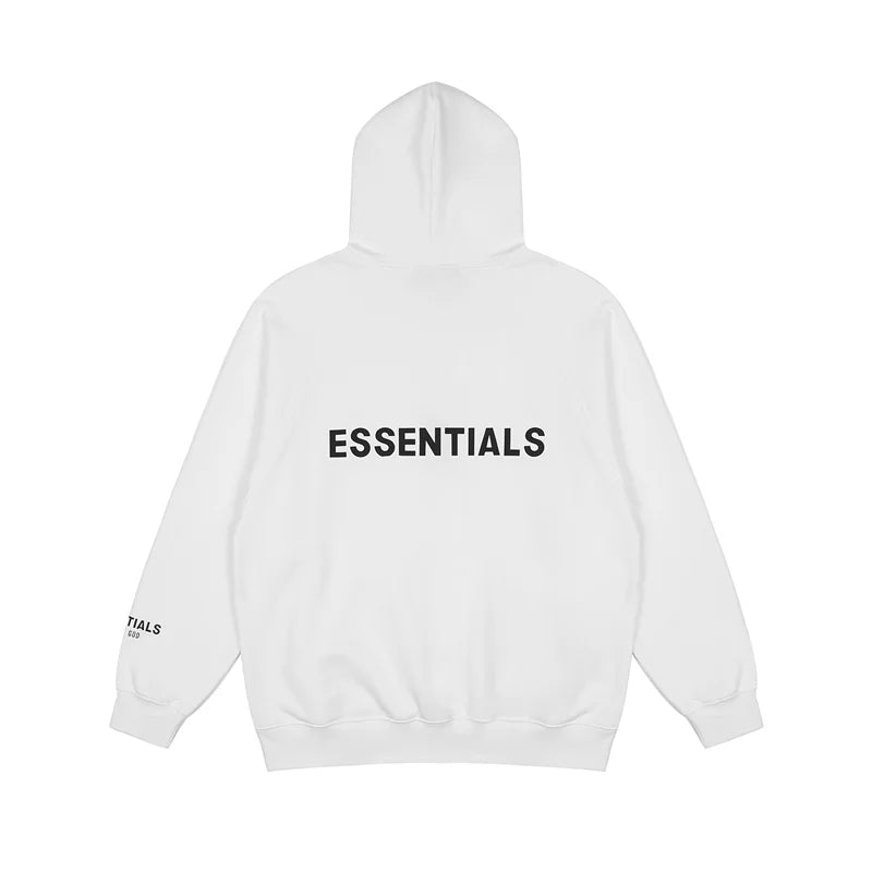 Essentials white zip fleece hoodie back view relaxed fit heavyweight fleece