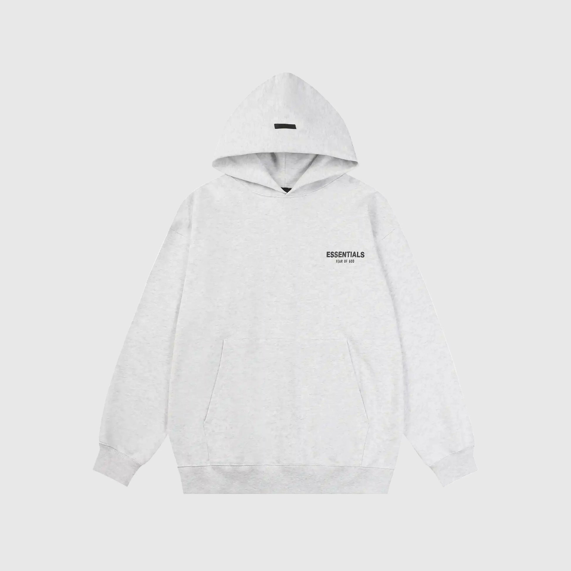 Fear of God Essentials light heather oatmeal hoodie front view with rubberized Black Bar branding