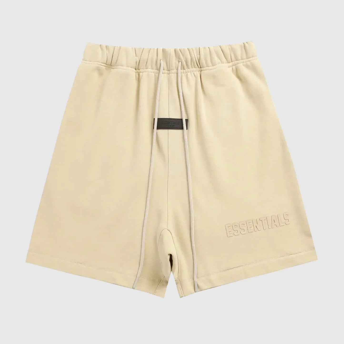 Fear of God Essentials Calm Shell Shorts in beige fleece with drawstring waistband