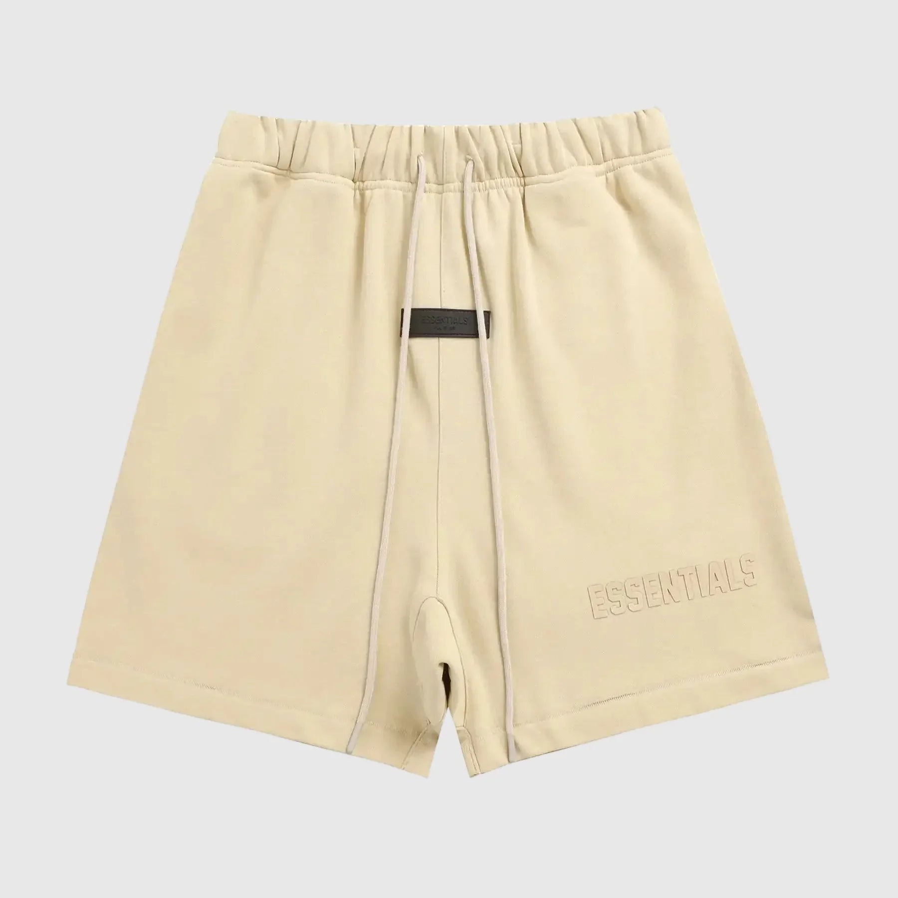 Fear of God Essentials Calm Shell Shorts in beige fleece with drawstring waistband