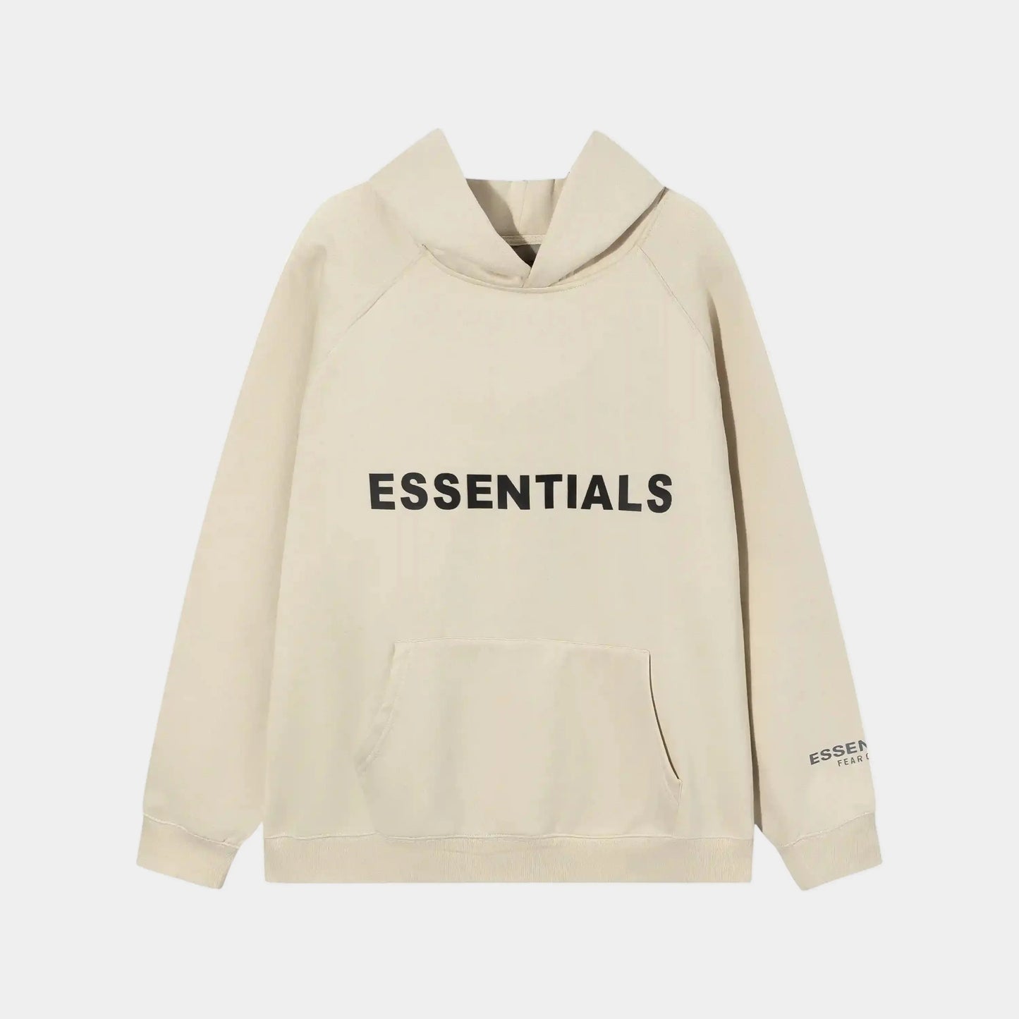 Fear of God Essentials light cream hoodie front view with rubberized Black Bar branding