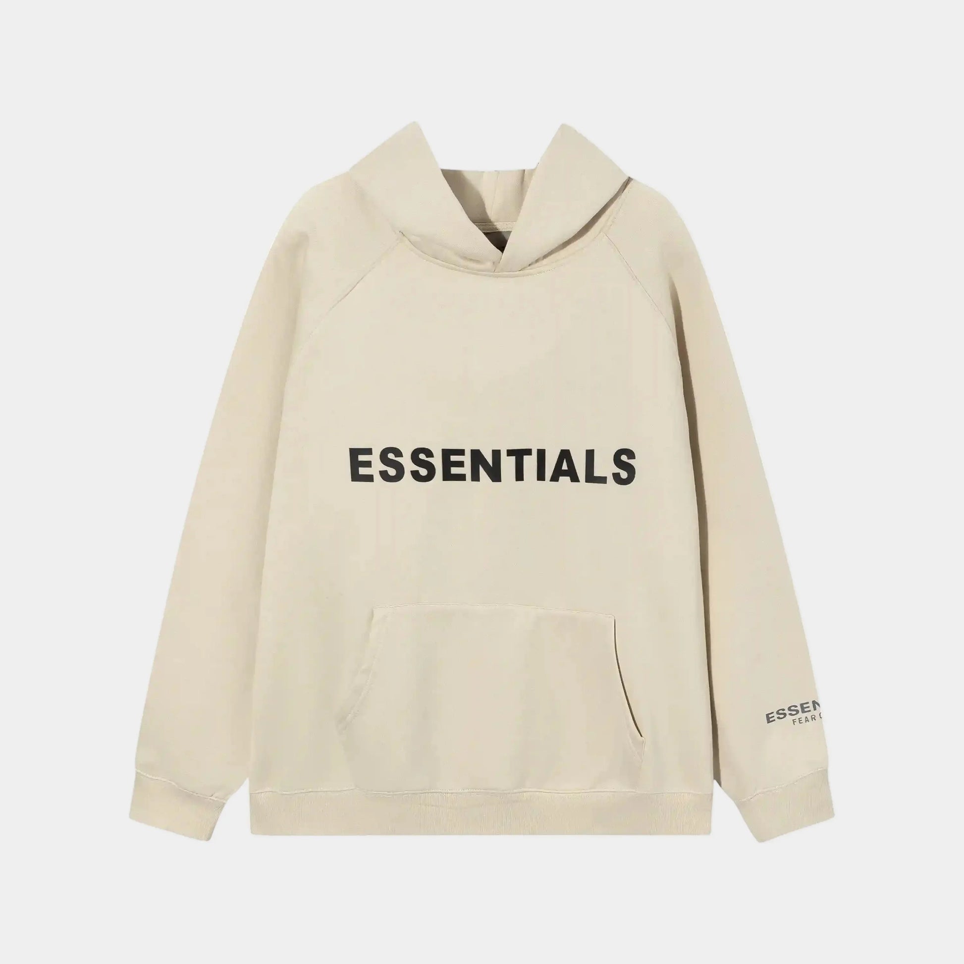 Fear of God Essentials light cream hoodie front view with rubberized Black Bar branding