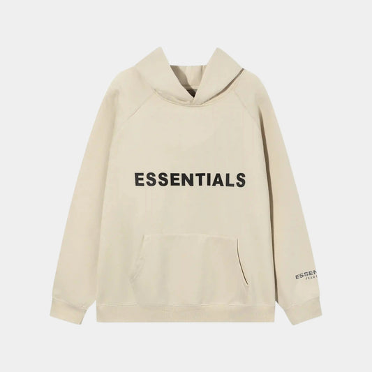 Fear of God Essentials light cream hoodie front view with rubberized Black Bar branding