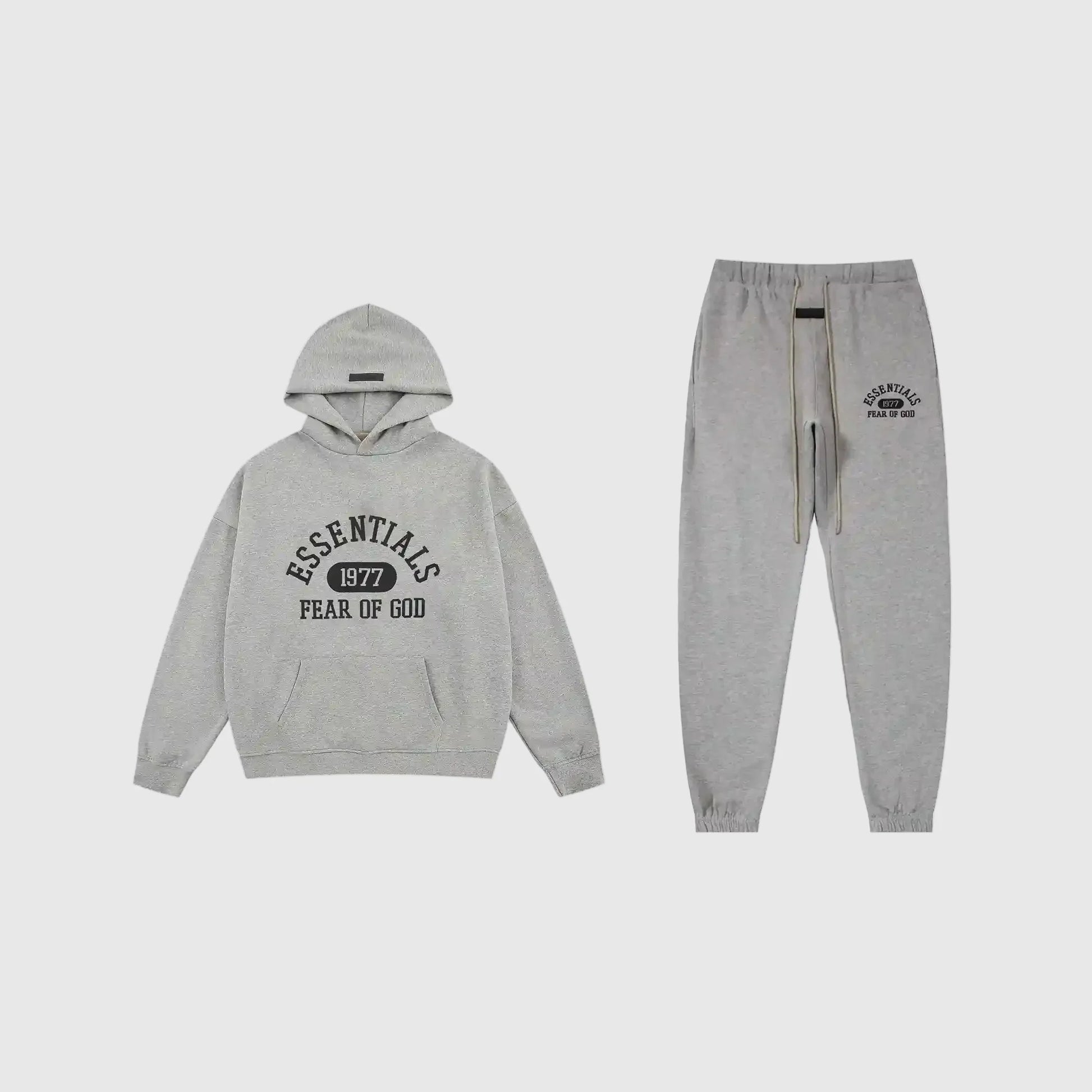 Fear of God Essentials dark heather oatmeal tracksuit front view hoodie and joggers