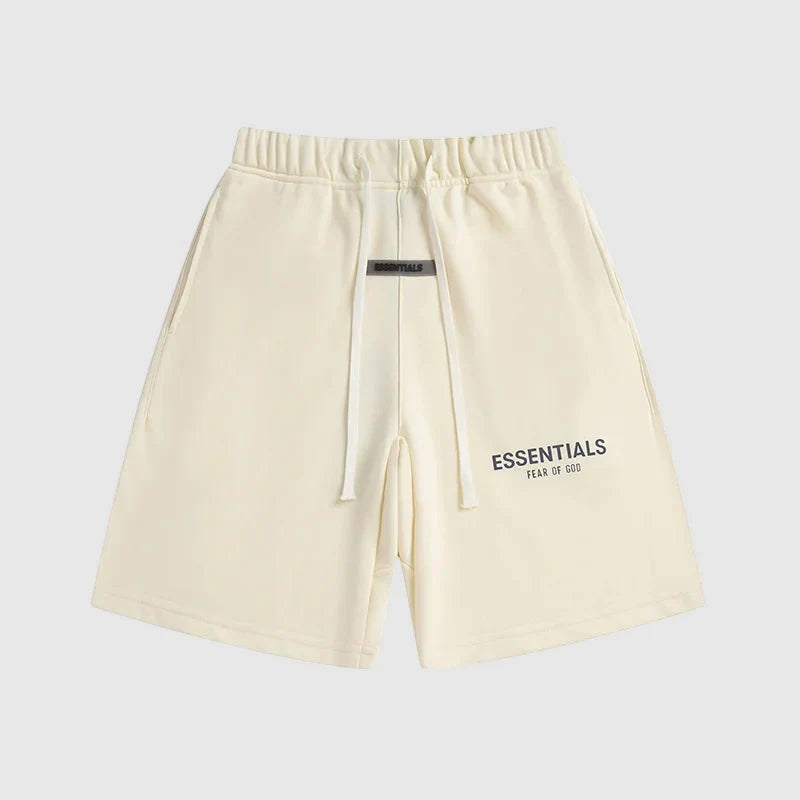 Fear of God Essentials Cloud Dance fleece shorts in off-white with tonal branding and relaxed fit