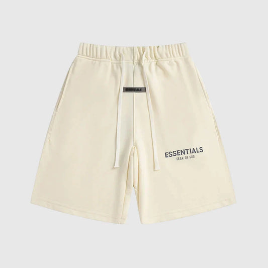 Fear of God Essentials Cloud Dance fleece shorts in off-white with tonal branding and relaxed fit