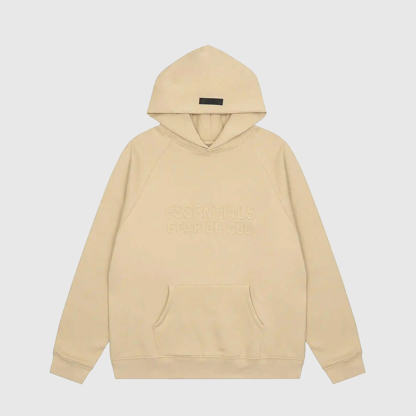 Fear of God Essentials Calm Shell hoodie front view with rubberized black bar branding