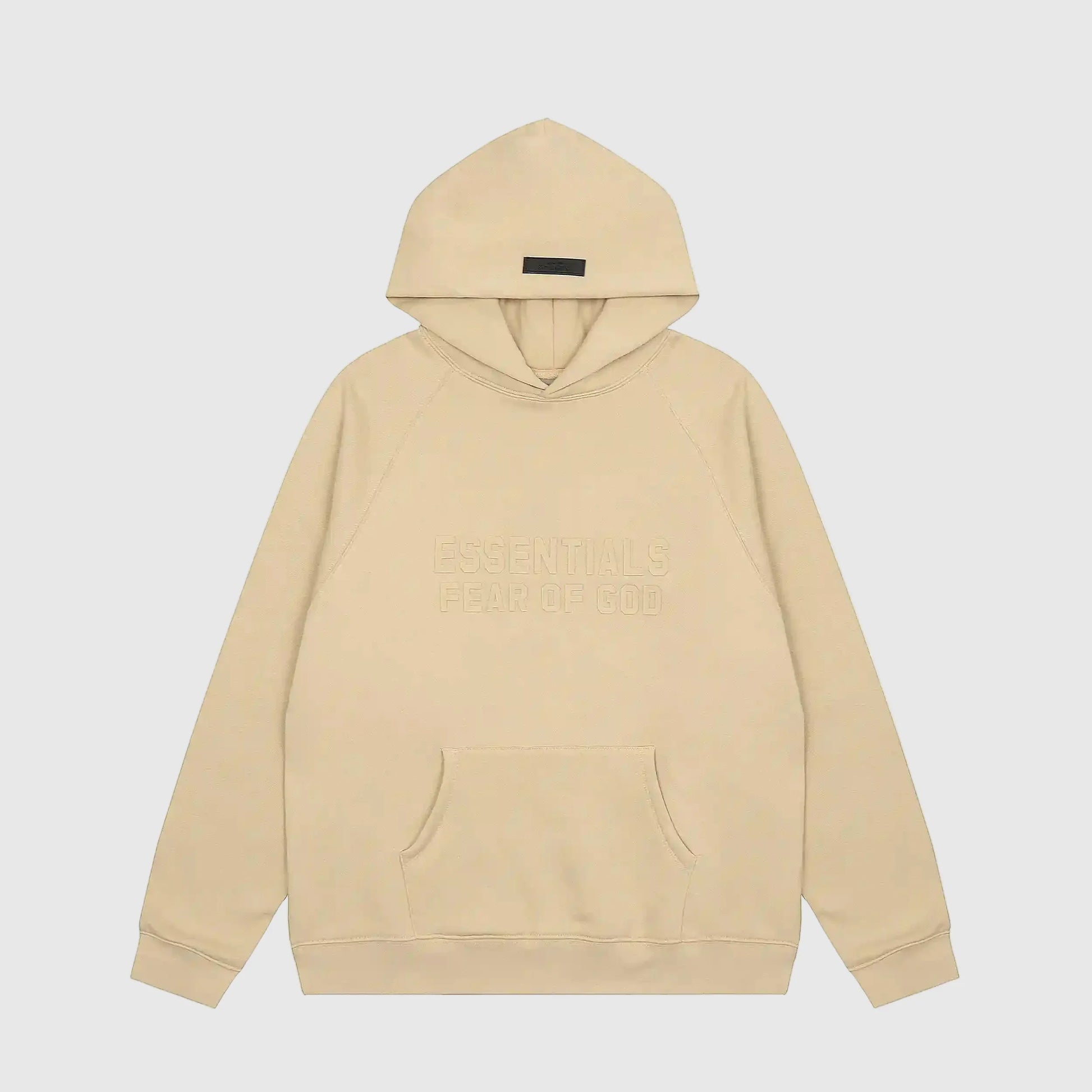 Fear of God Essentials Calm Shell hoodie front view with rubberized black bar branding
