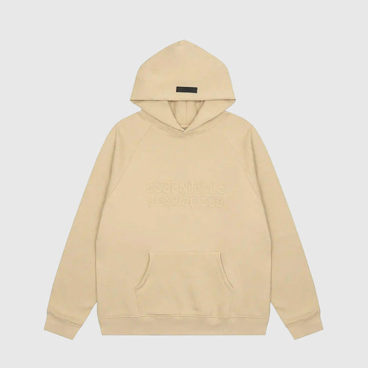 Fear of God Essentials Calm Shell hoodie front view with rubberized black bar branding